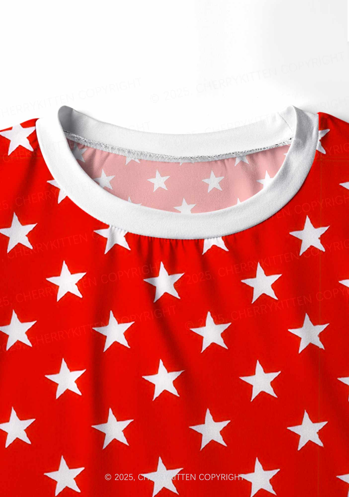 White Stars On Red Valentine's Day Y2K Print Long Sleeve Pajama Set Cherrykitten - Image 5