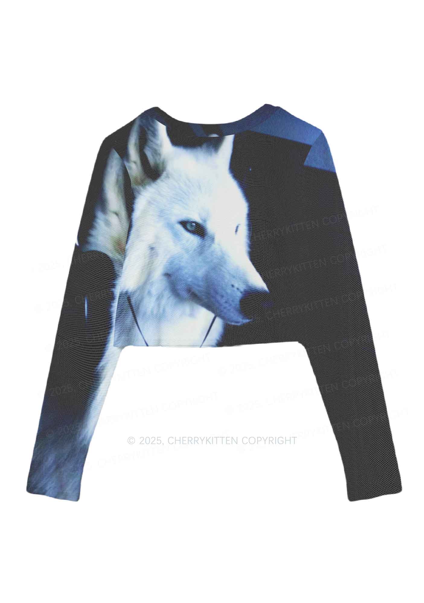White Wolf Y2K Mesh Long Sleeve Crop Top Cherrykitten - Image 3
