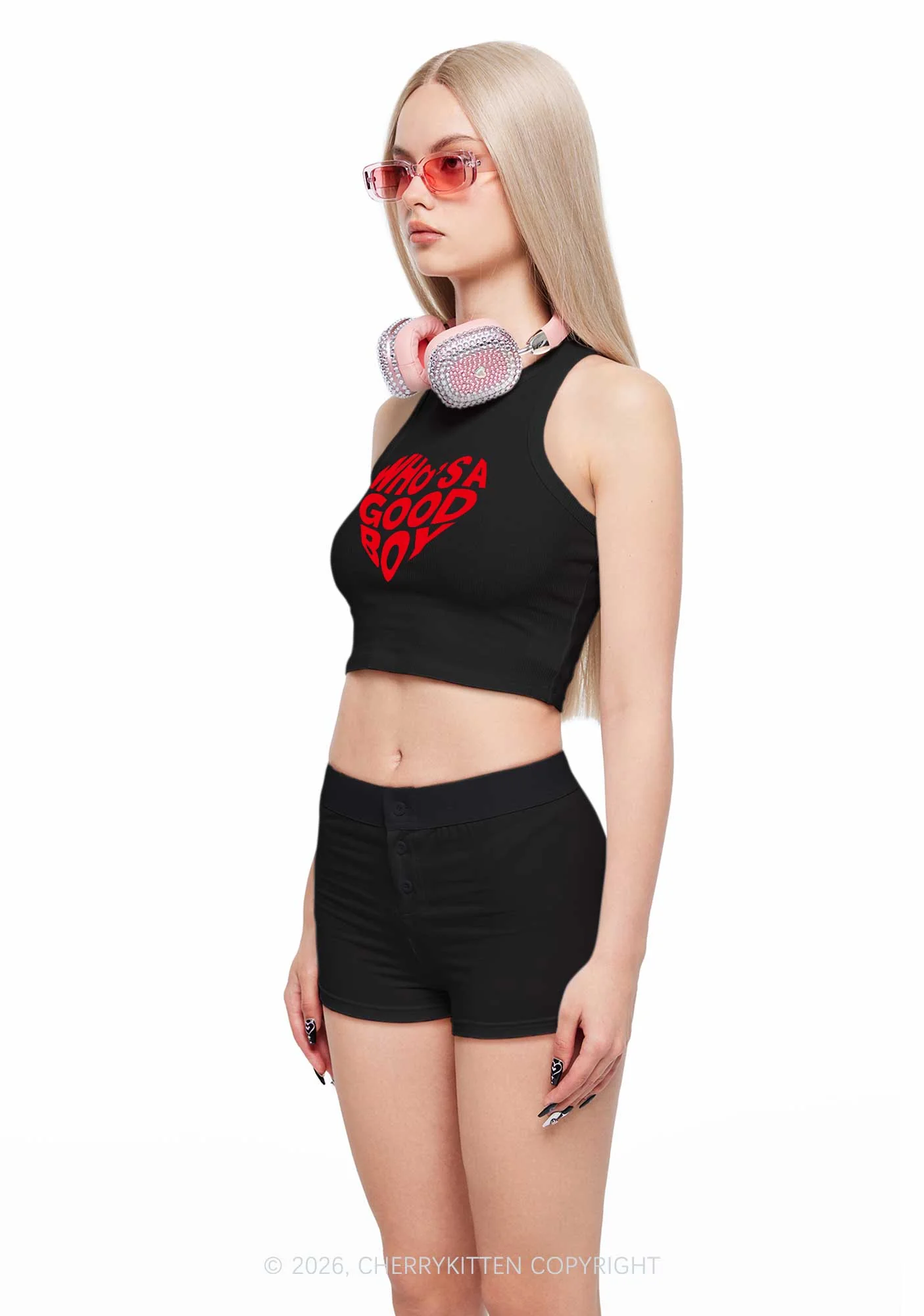 Whos A Good Boy Valentine's Day Y2K Crop Tank Top Cherrykitten - Image 2