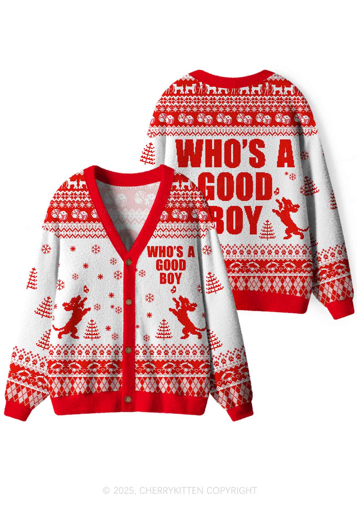 Whos A Good Boy Y2K Christmas Cardigan Knit Sweatshirt Cherrykitten - Image 2