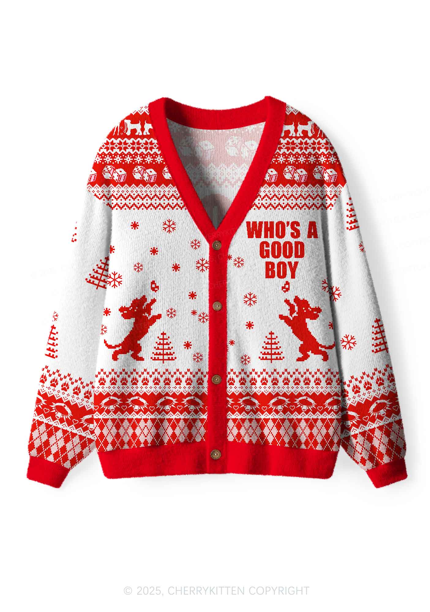 Whos A Good Boy Y2K Christmas Cardigan Knit Sweatshirt Cherrykitten - Image 3