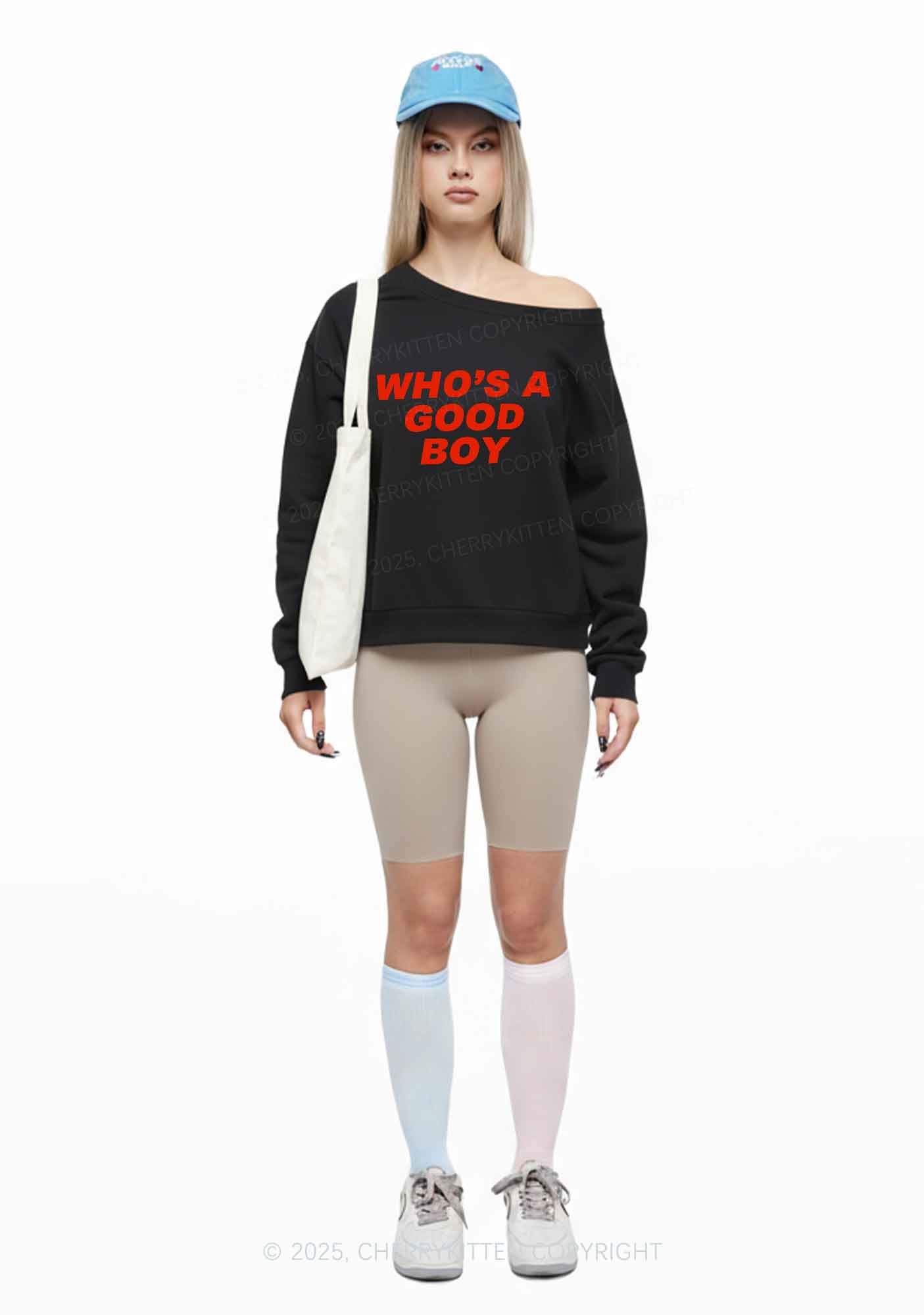 Whos A Good Boy Y2K Off Shoulder Sweatshirts Cherrykitten - Image 2