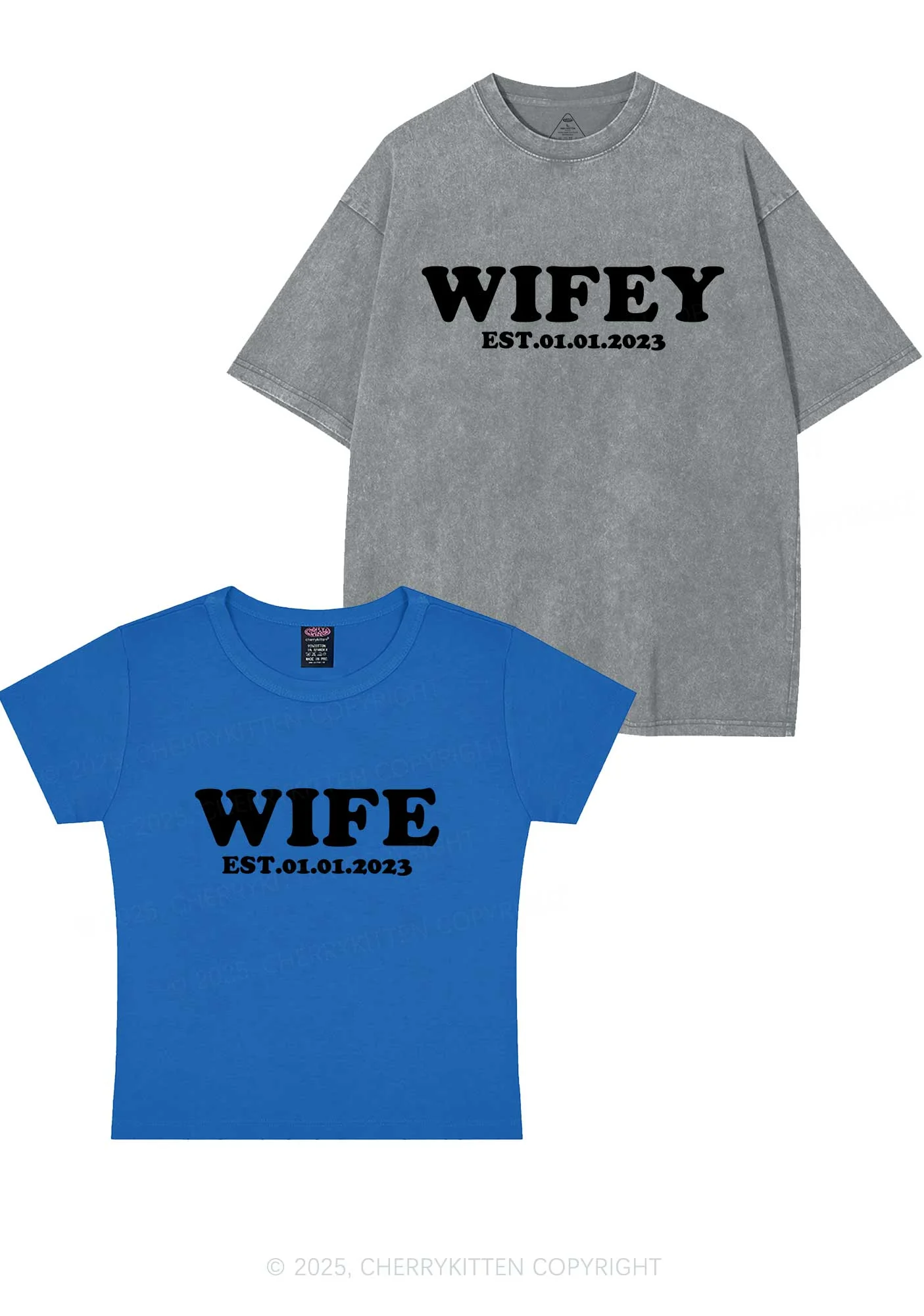 Wife Wifey Custom Date Y2K Valentine's Day Couple Shirt Cherrykitten - Image 11