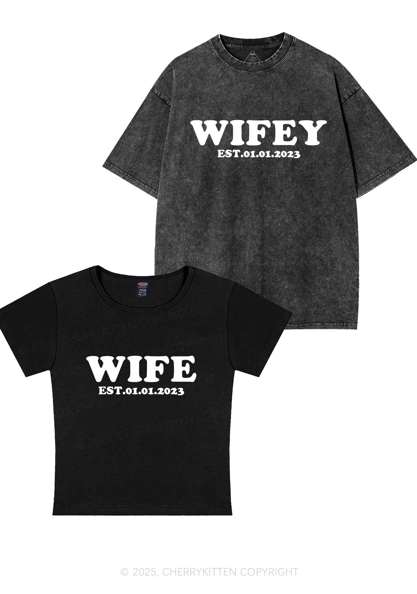 Wife Wifey Custom Date Y2K Valentine's Day Couple Shirt Cherrykitten - Image 4