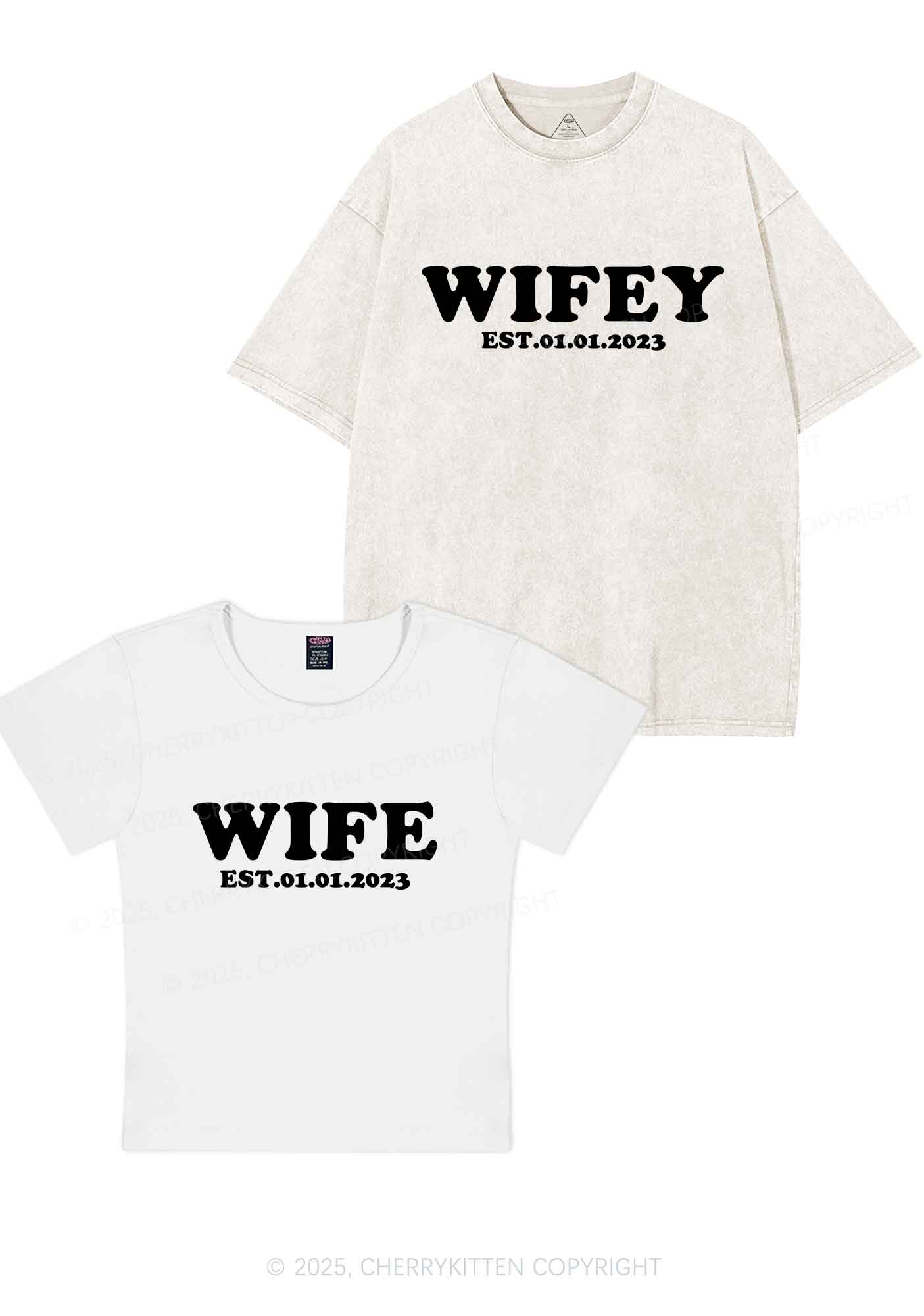 Wife Wifey Custom Date Y2K Valentine's Day Couple Shirt Cherrykitten - Image 7