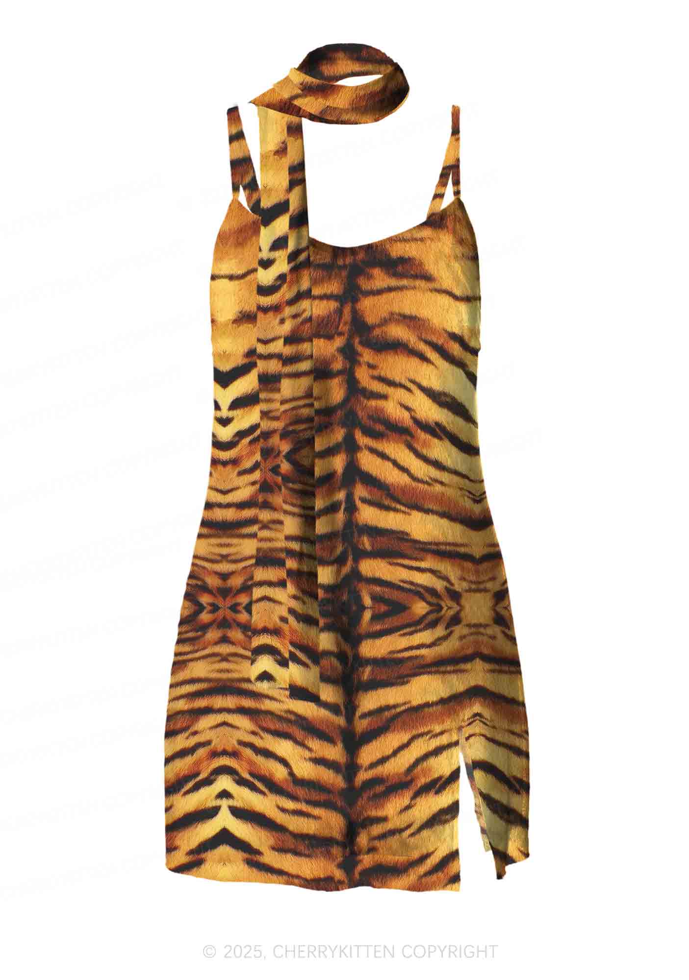 Wild Tiger Texture Y2K Mesh Slip Dress With Scarf Set Cherrykitten - Image 2