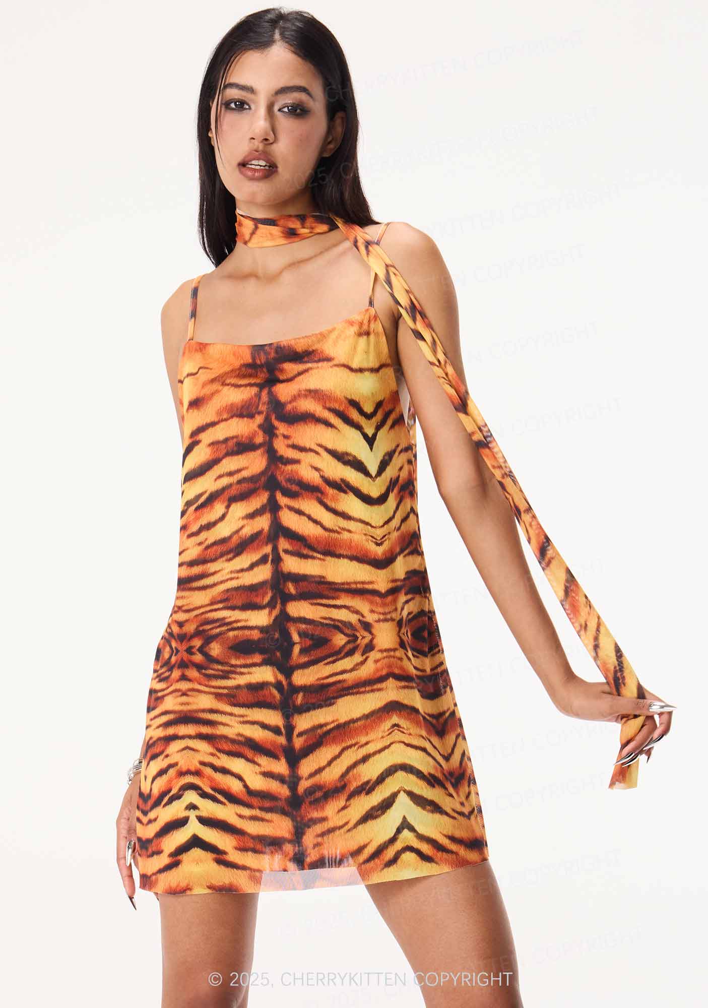 Wild Tiger Texture Y2K Mesh Slip Dress With Scarf Set Cherrykitten - Image 3