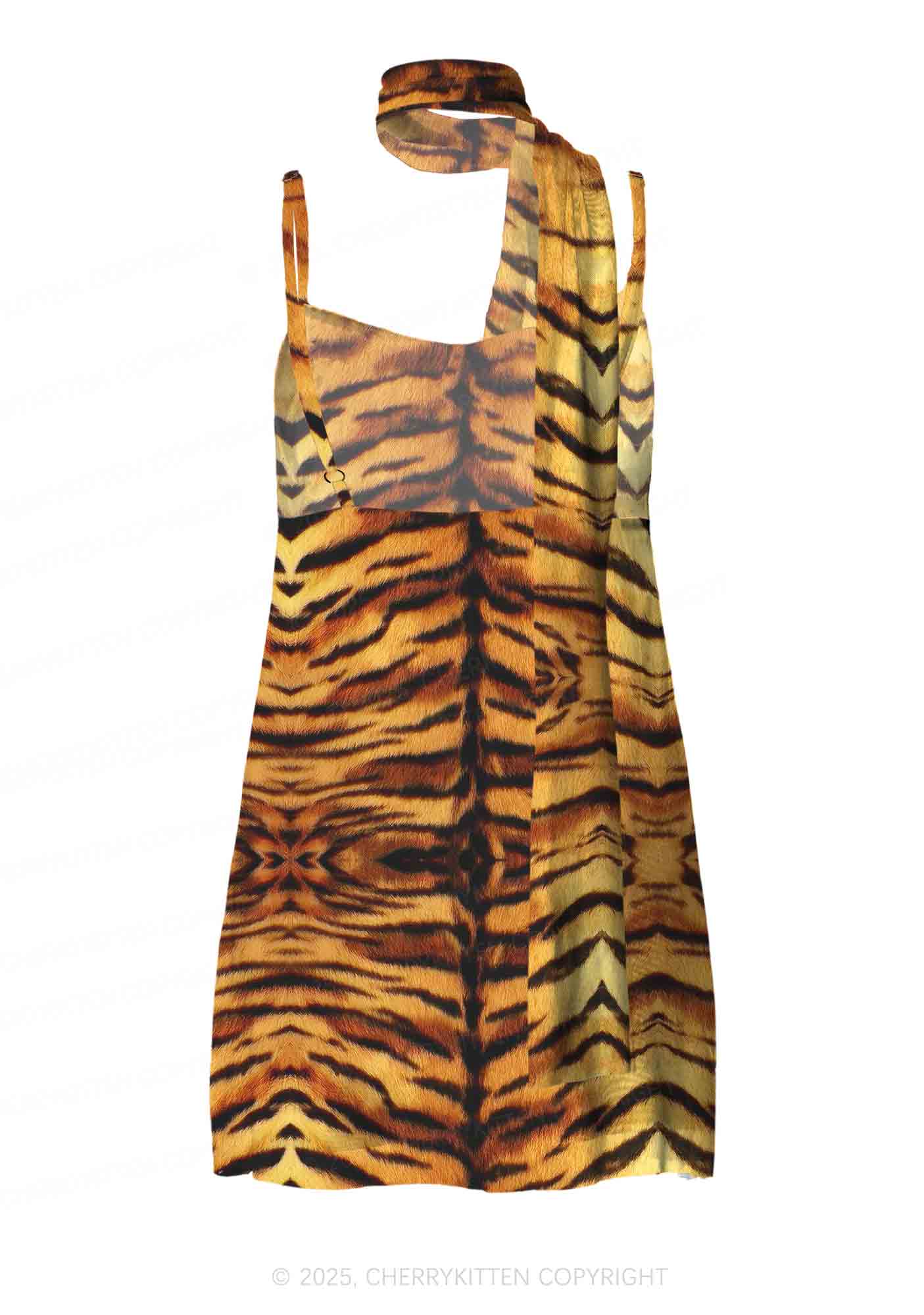 Wild Tiger Texture Y2K Mesh Slip Dress With Scarf Set Cherrykitten - Image 6