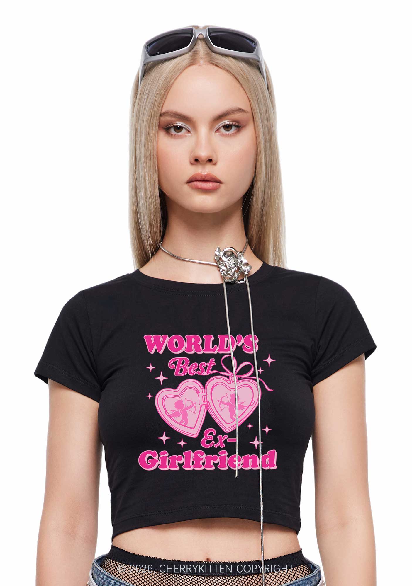 Worlds Best Ex GF Valentine's Day Y2K Baby Tee Cherrykitten - Image 2