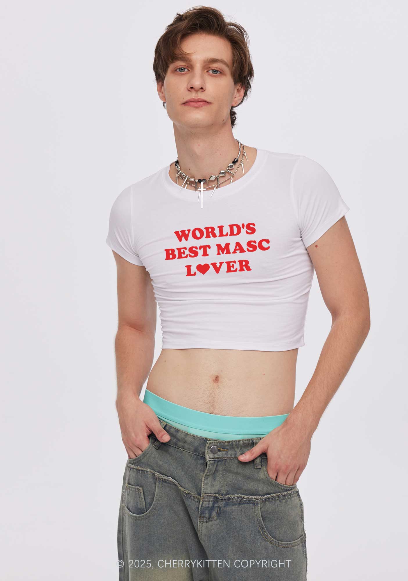 Worlds Best Masc Lover Pride Y2K Baby Tee Cherrykitten - Image 3