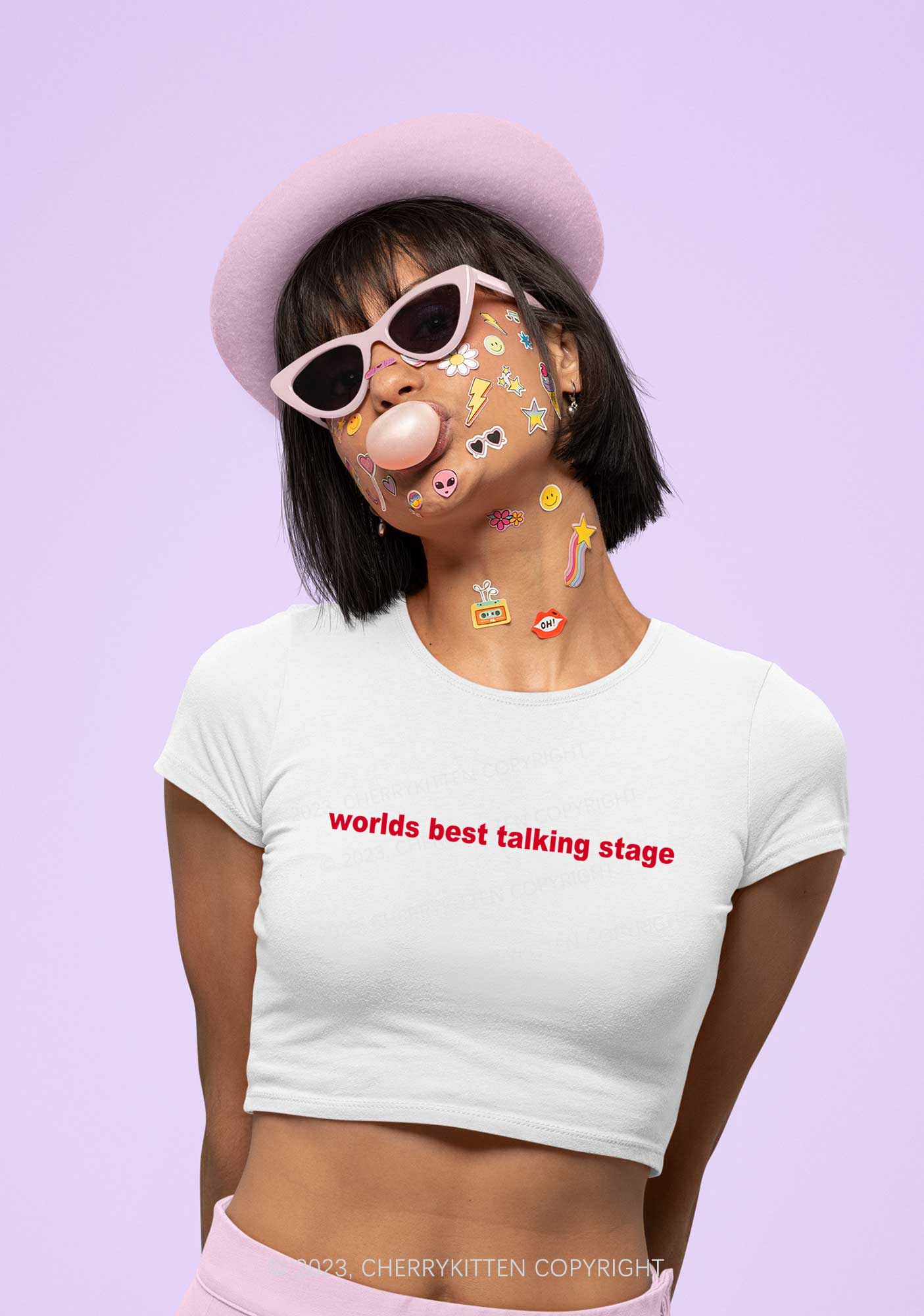 Worlds Best Talking Stage Y2K Baby Tee Cherrykitten - Image 2