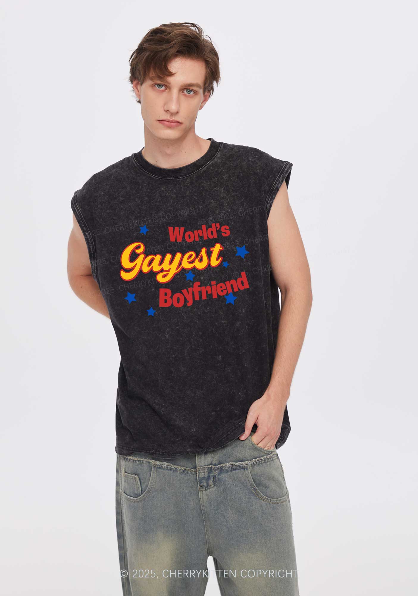 Worlds Gayest Boyfriend Pride Y2K Washed Muscle Tank Cherrykitten - Image 2