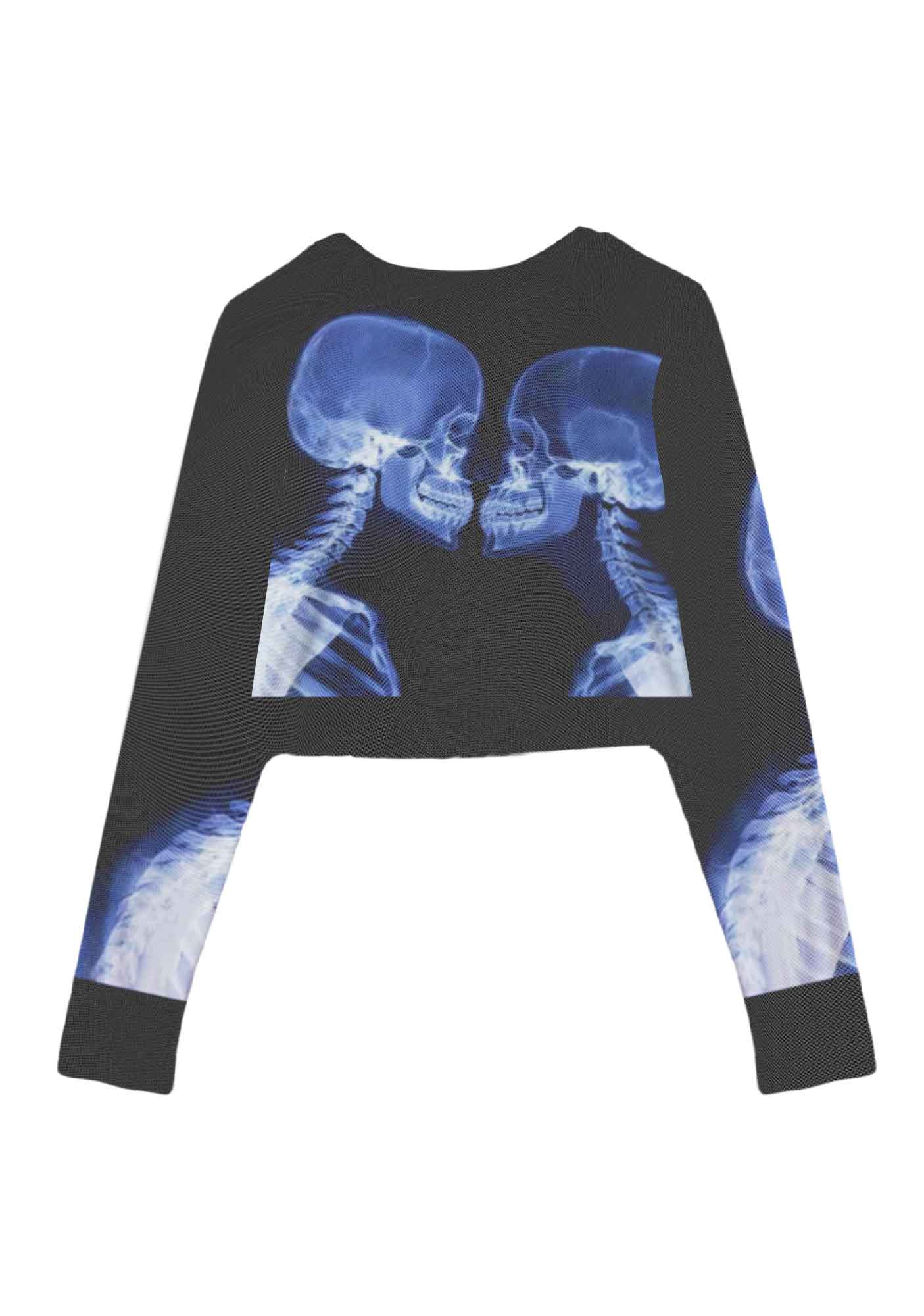 X Ray Skull Kiss Y2K Mesh Long Sleeve Crop Top Cherrykitten - Image 3