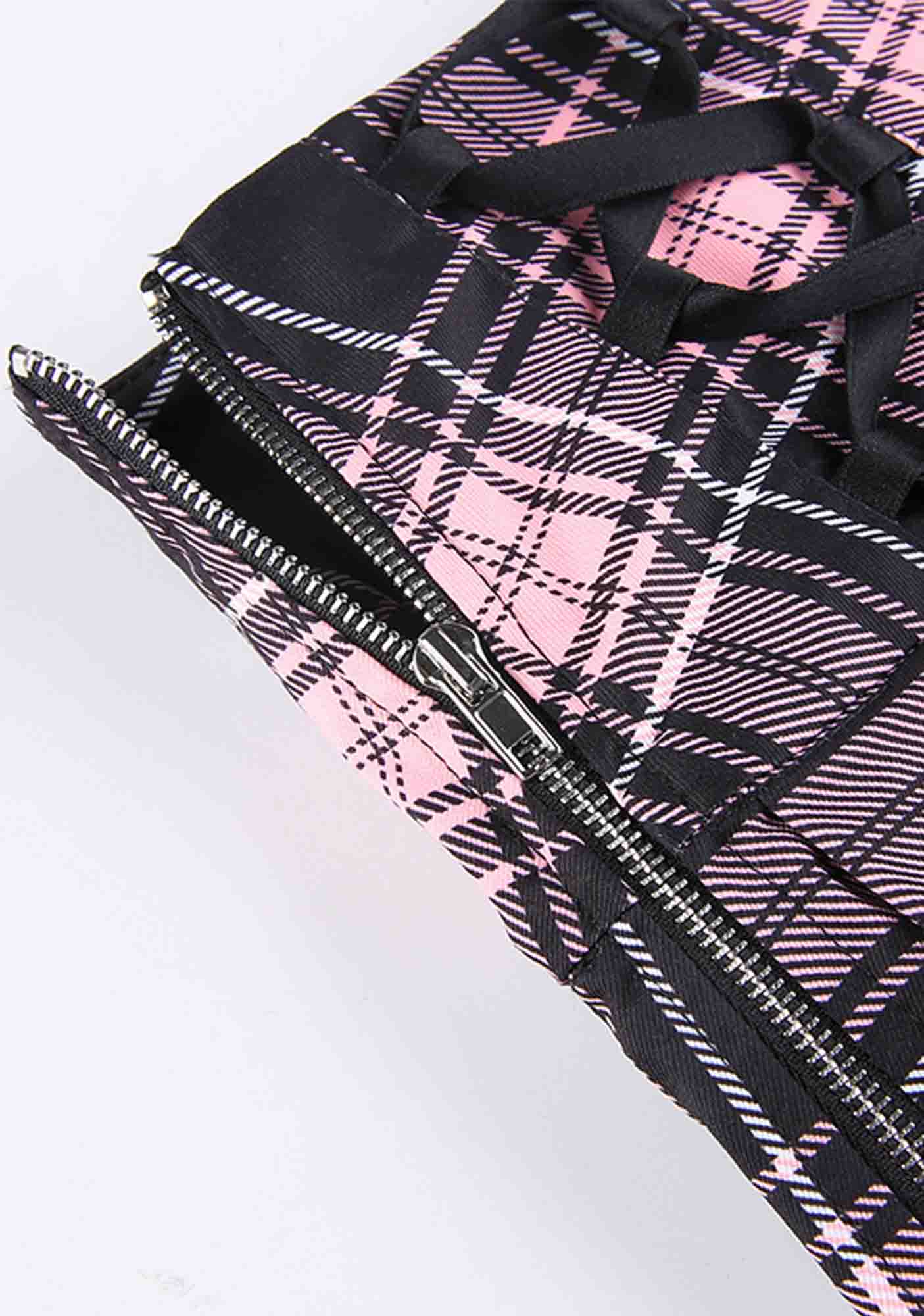 Y2K High Waist Pink Plaid Pleated Lace Up Skirt Cherrykitten - Image 4