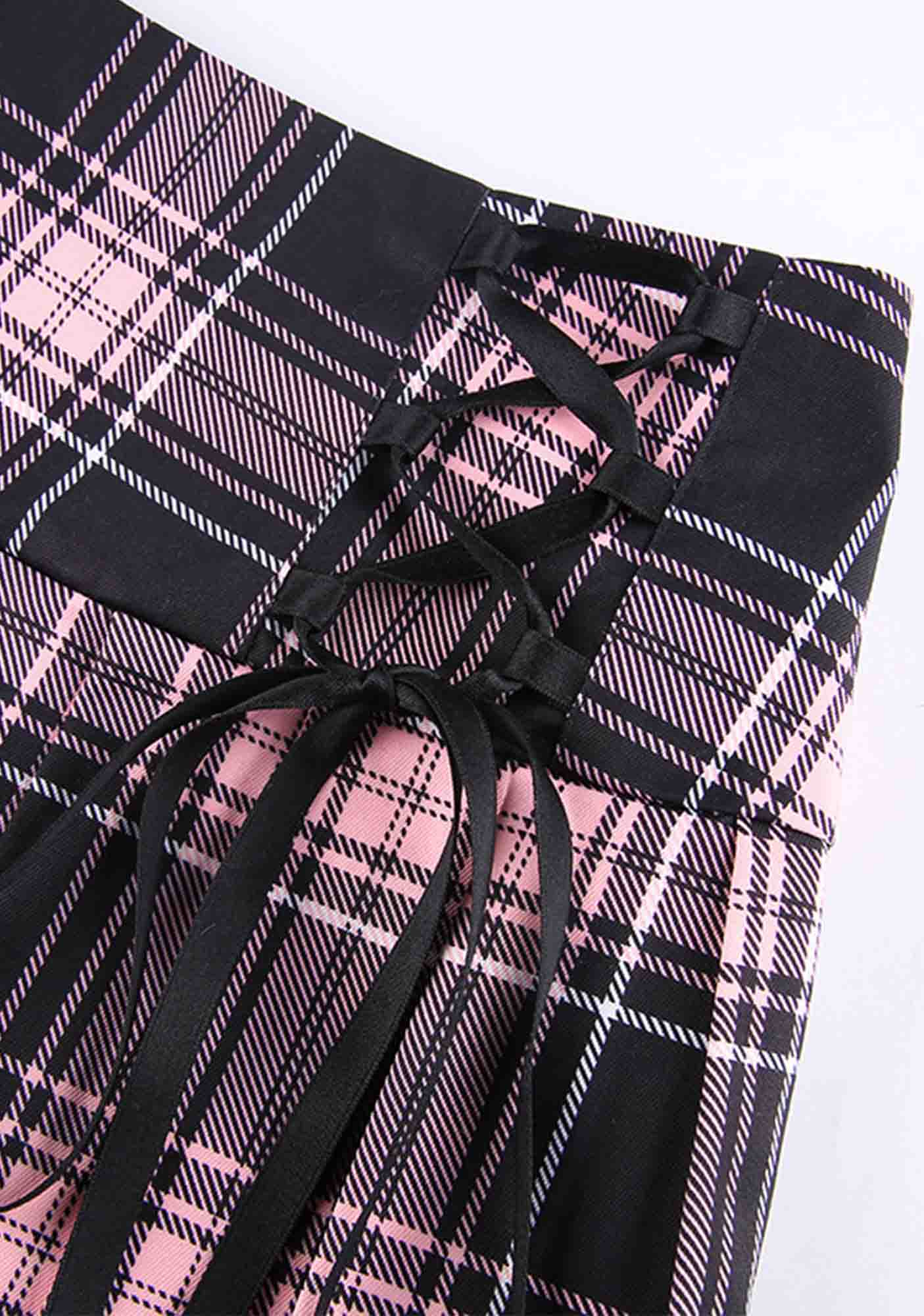 Y2K High Waist Pink Plaid Pleated Lace Up Skirt Cherrykitten - Image 5