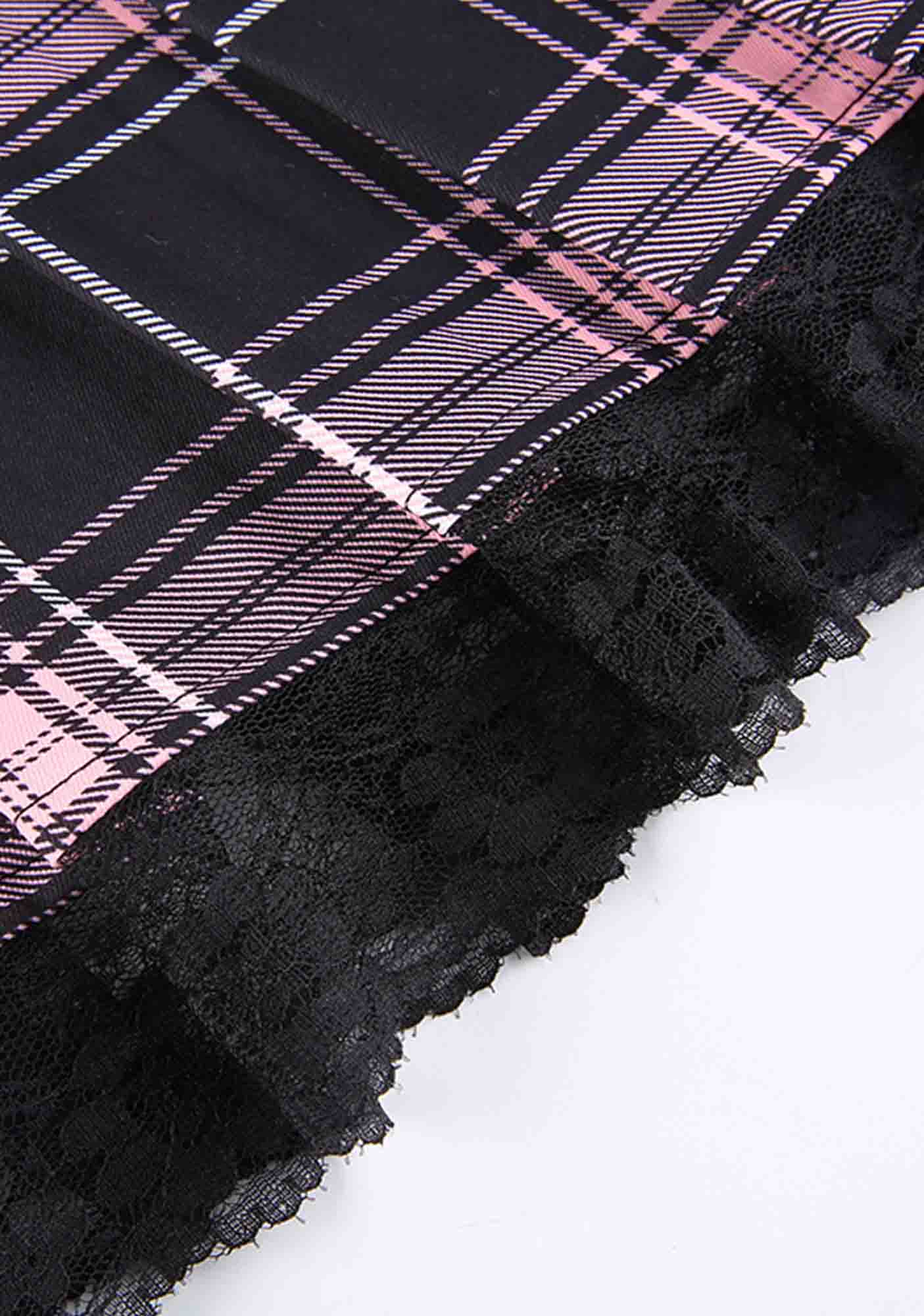 Y2K High Waist Pink Plaid Pleated Lace Up Skirt Cherrykitten - Image 6