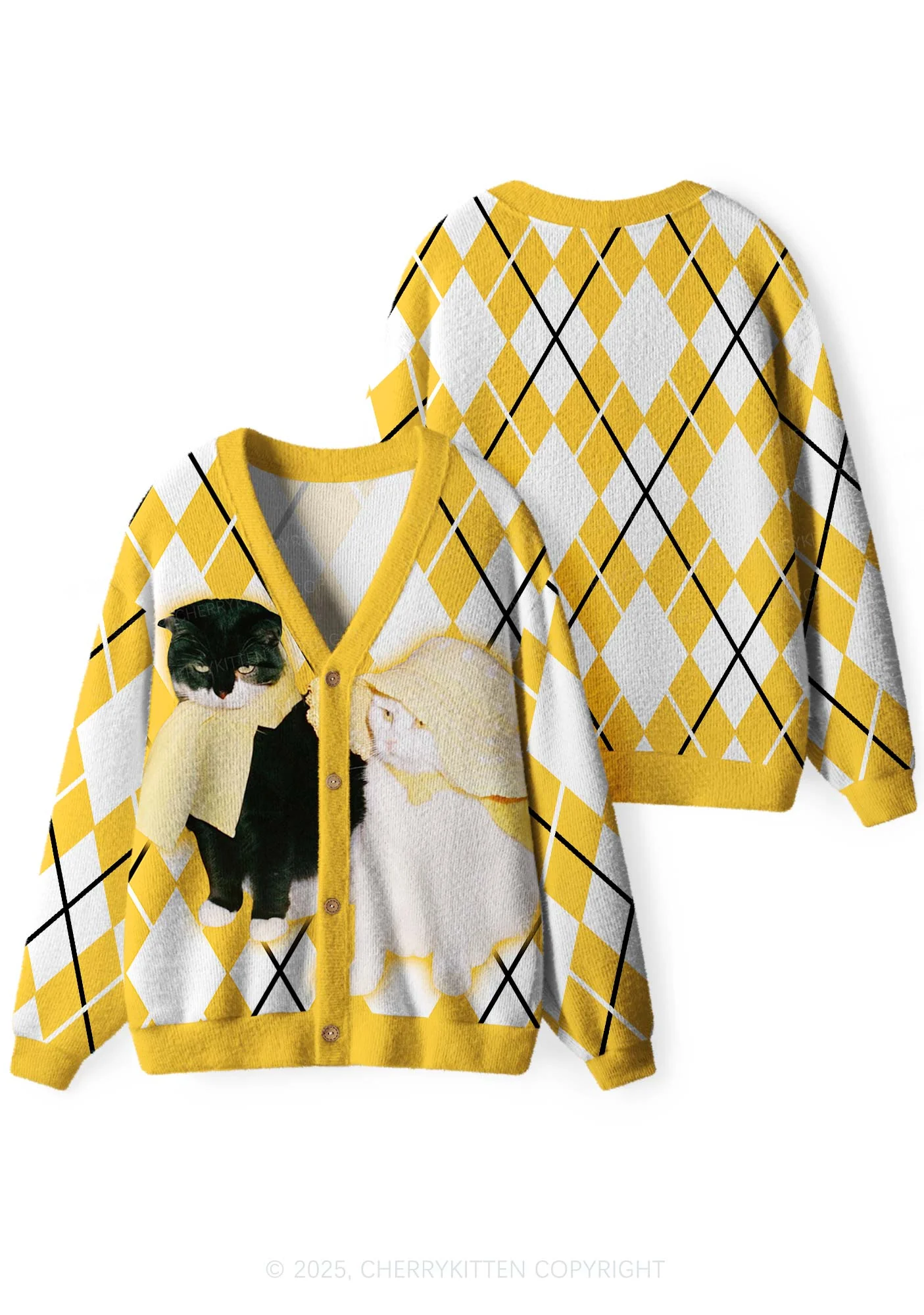 Yellow Cats Friend Y2K Christmas Cardigan Knit Sweatshirt Cherrykitten - Image 6