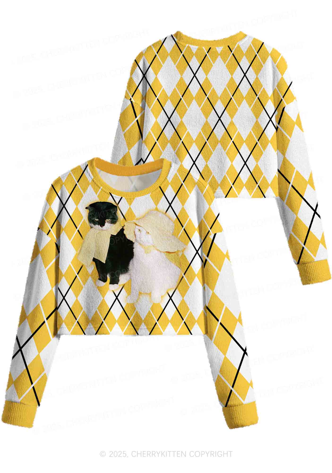 Yellow Cats Friend Y2K Christmas Crop Knit Sweatshirt Cherrykitten - Image 3