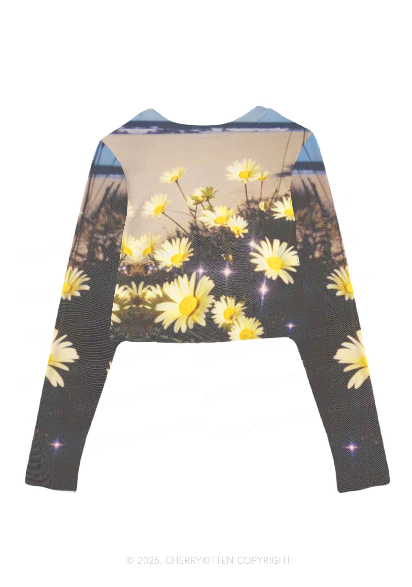 Yellow Daisy Y2K Mesh Long Sleeve Crop Top Cherrykitten - Image 2