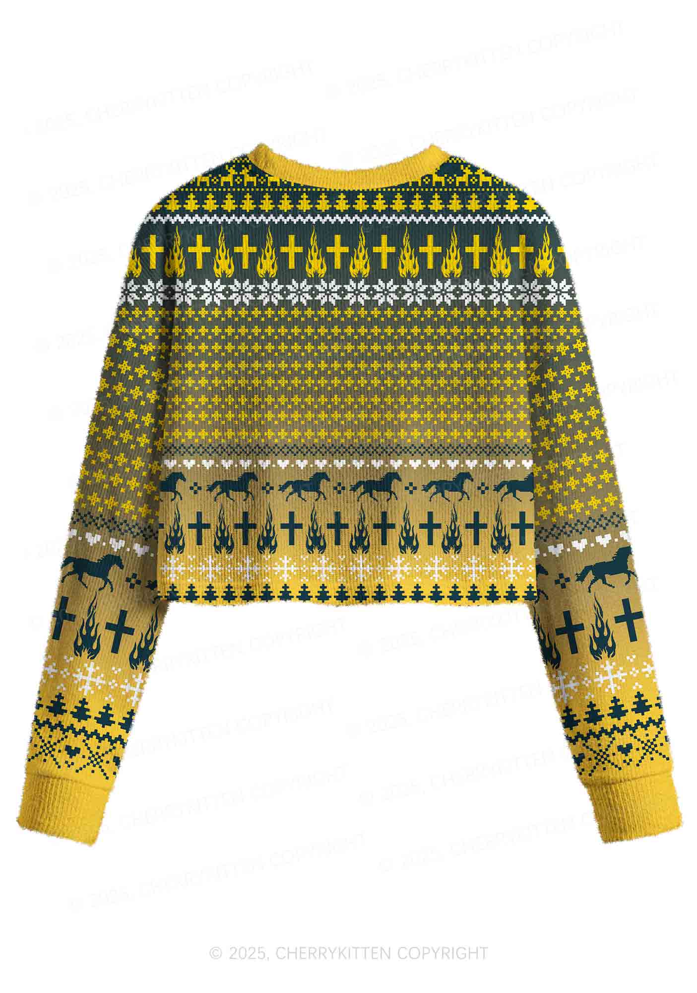 Yellow K Pony Y2K Christmas Crop Knit Sweatshirt Cherrykitten - Image 2