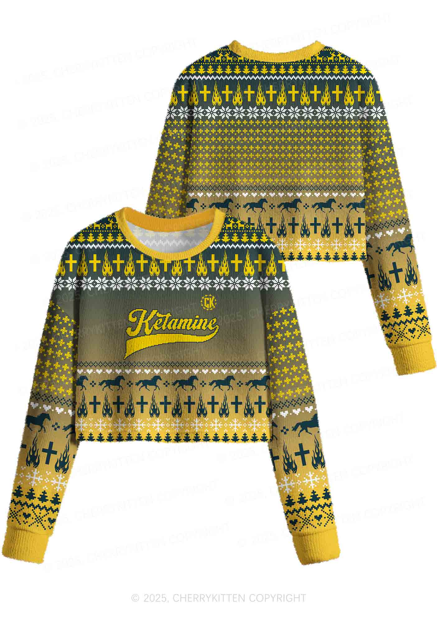 Yellow K Pony Y2K Christmas Crop Knit Sweatshirt Cherrykitten - Image 3