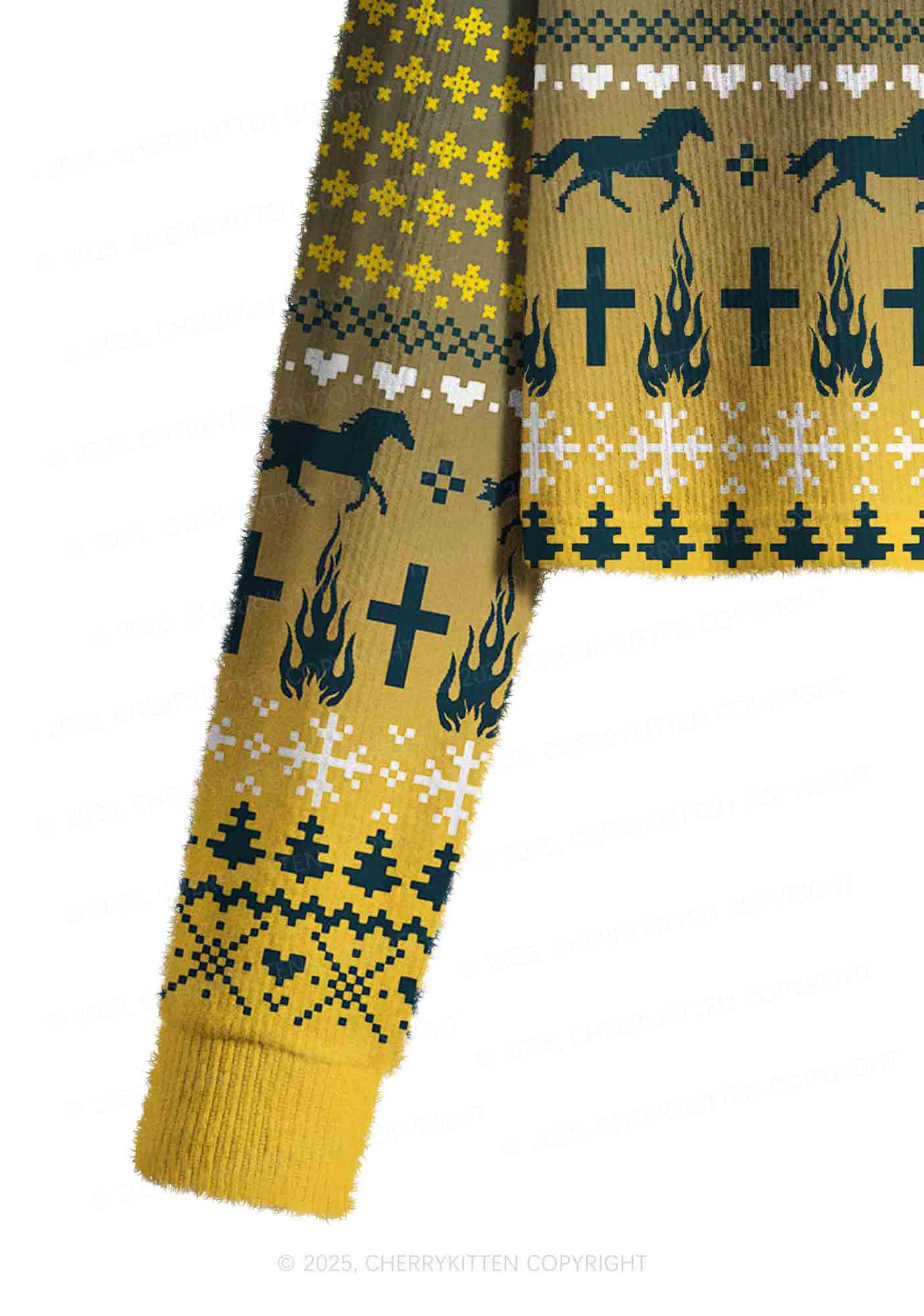 Yellow K Pony Y2K Christmas Crop Knit Sweatshirt Cherrykitten - Image 5