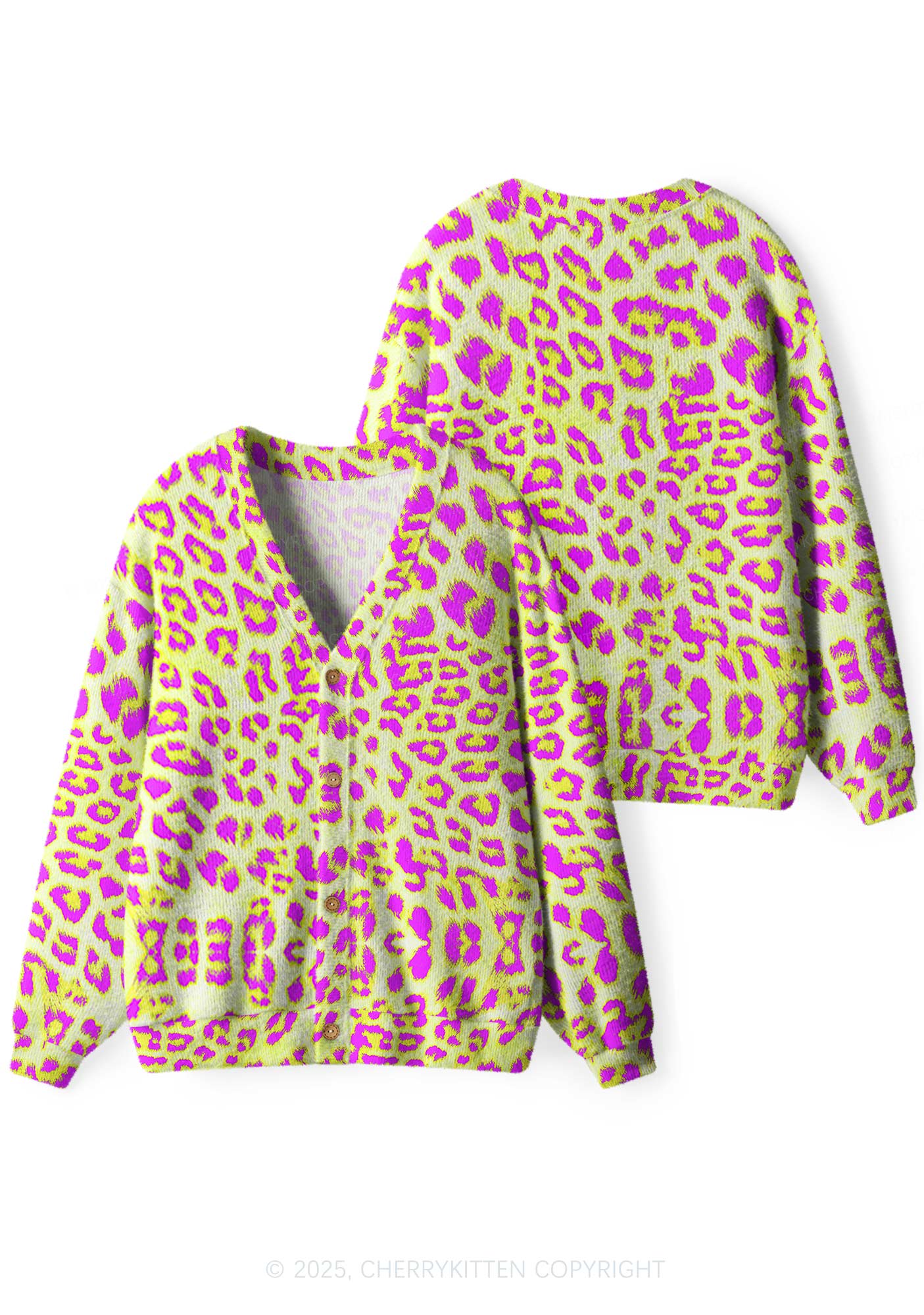 Yellow Leopard Y2K Christmas Cardigan Knit Sweatshirt Cherrykitten - Image 3