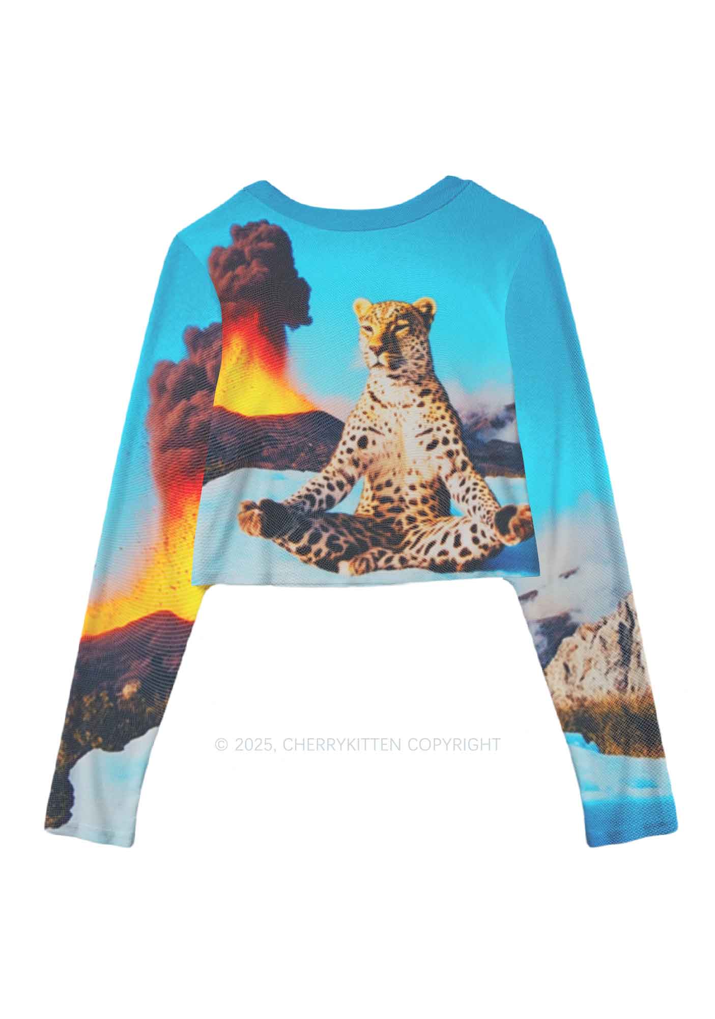 Yoga Leopard And Volcano Y2K Mesh Long Sleeve Crop Top Cherrykitten - Image 3