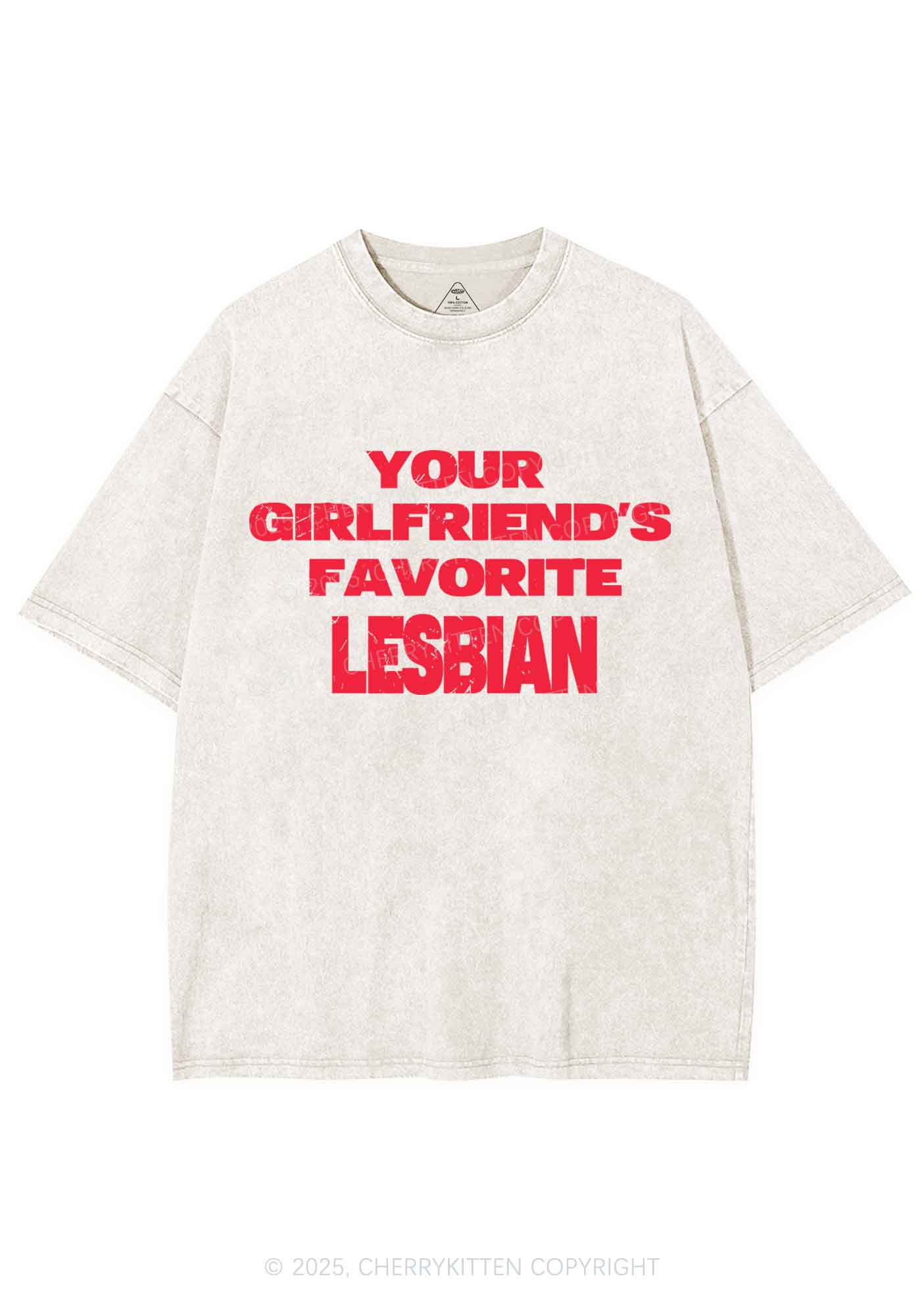Your GF Favorite Lesbian Pride Y2K Shirts Washed Tee Cherrykitten - Image 3