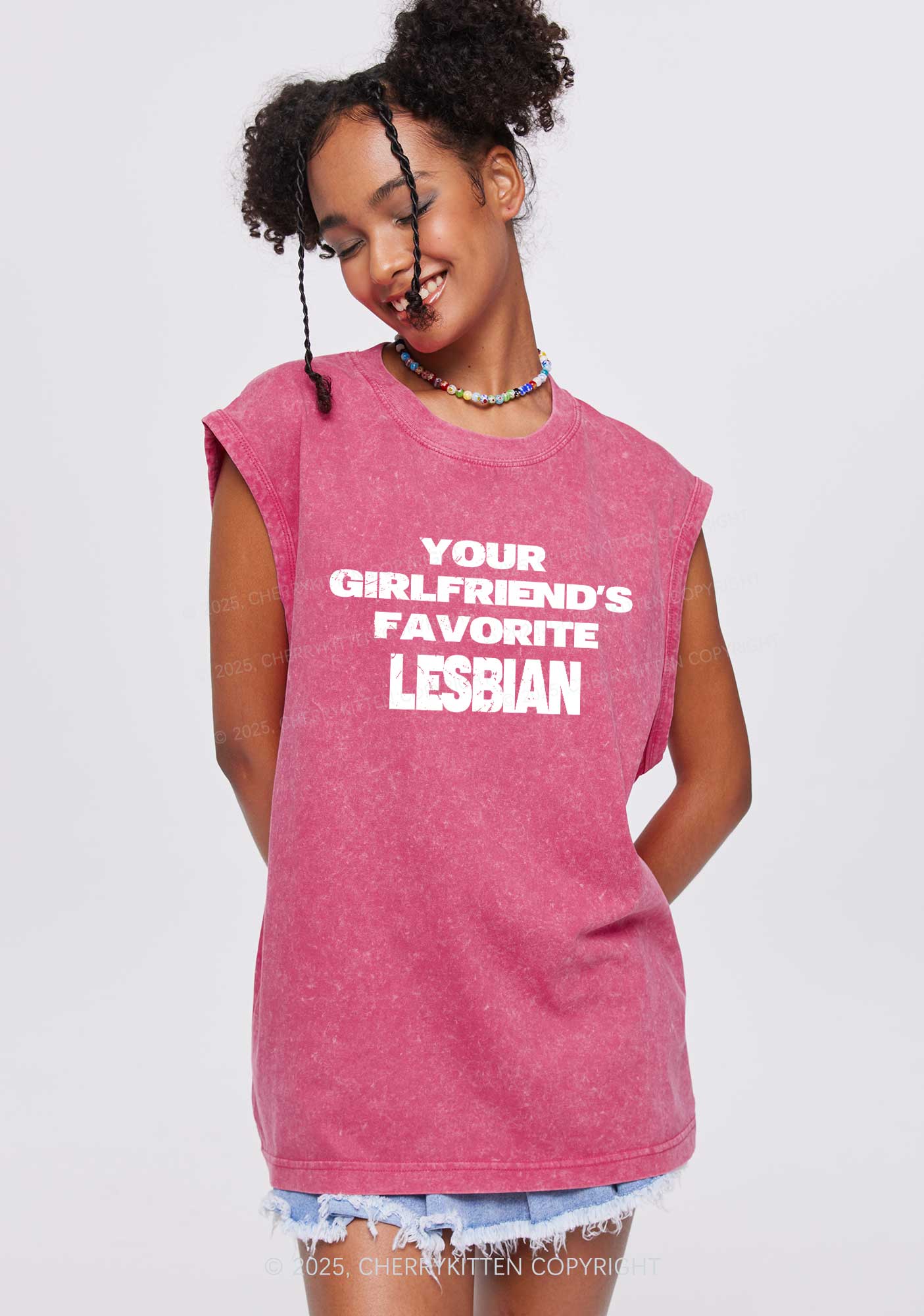 Your GF Favorite Lesbian Pride Y2K Washed Muscle Tank Cherrykitten - Image 2